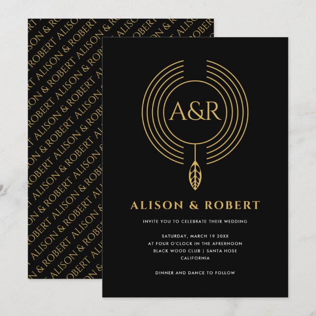 Schmuck, inspiriert Rahmen, Blatt und Initialen Ho Einladung (Vorne/Hinten)