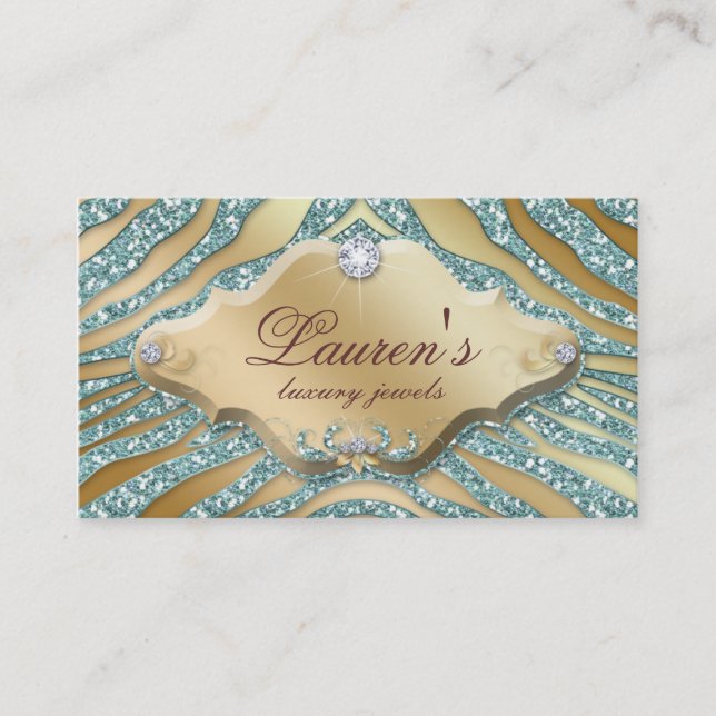 Schmuck Zebra Business Card Sparkle Aquamarin Gold Visitenkarte (Vorderseite)