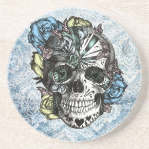 Schmutz-Süßigkeitszuckerschädel in blauem Gelbem Sandstein Untersetzer
