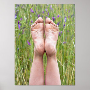 schmutzige nackte Füße in Wildblumen Poster