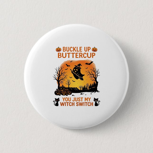 Schnall Dich an Buttercup Halloween Geist Hexenhut Button (Vorderseite)