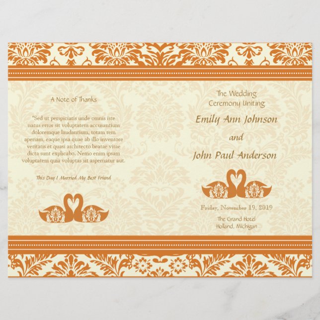 Schnappdragon Coral Vintag Damask Hochzeitsprogram (Vorderseite)