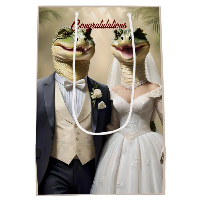 "Schnappschuss Liebe: Eine krokodilische Hochzeits Mittlere Geschenktüte (Rückseite)