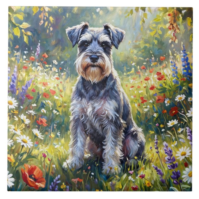 Schnauzer auf einer Wiesenblumenwiese Fliese (Vorderseite)