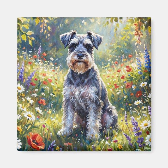 Schnauzer auf einer Wiesenblumenwiese Magnet (Vorne)
