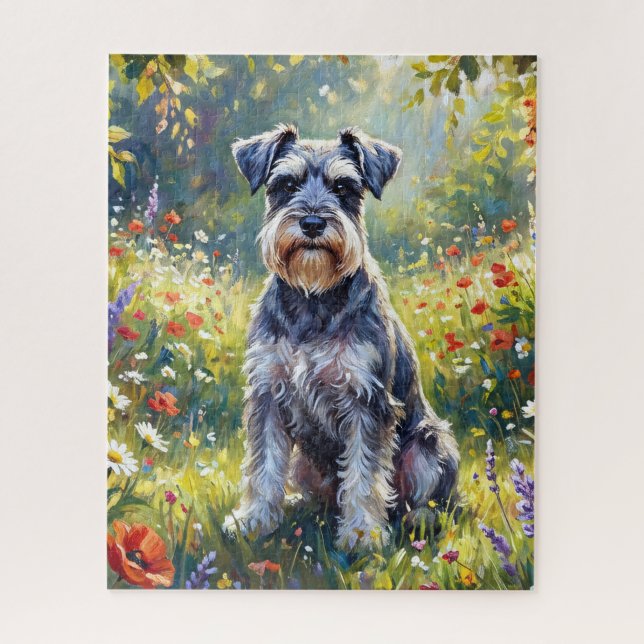 Schnauzer auf einer Wiesenblumenwiese Puzzle (Vertikal)