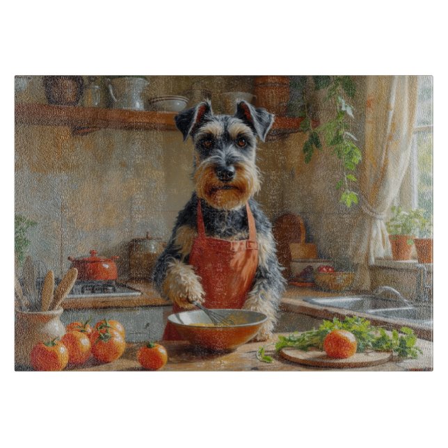 Schnauzer beim Kochen in der Küche Schneidebrett (Vorderseite)