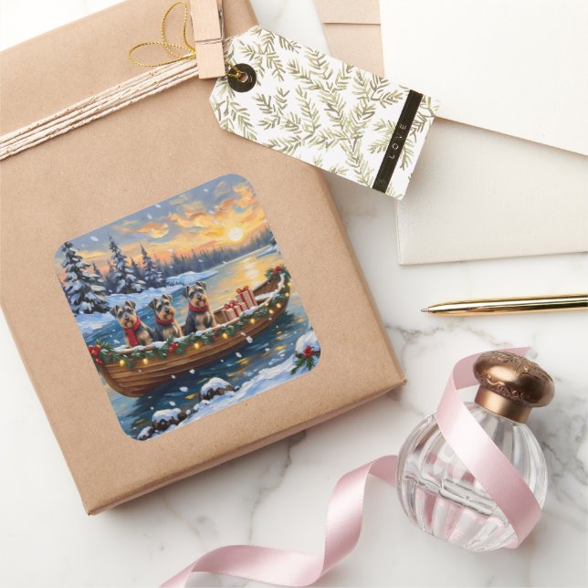 Schnauzer Christmas Boat Holiday Quadratischer Aufkleber (Schenken)