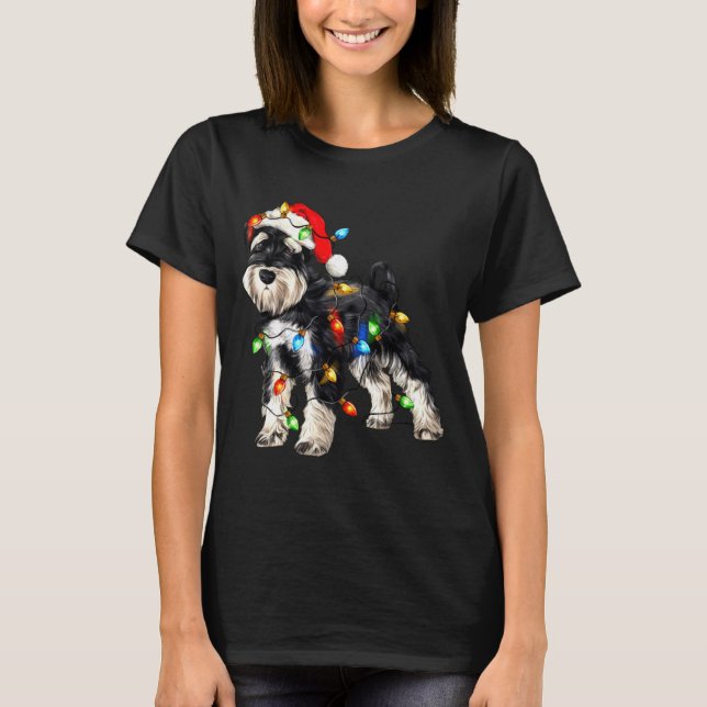 Schnauzer Christmas Dog Christmas Lights Santa Hat T-Shirt (Vorderseite)