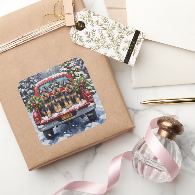 Schnauzer Christmas Red Truck Holiday Quadratischer Aufkleber (Schenken)