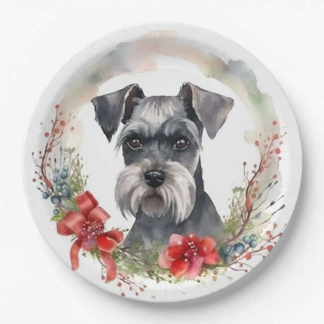 Schnauzer Christmas Wreath Festivals Pappteller (Vorderseite)