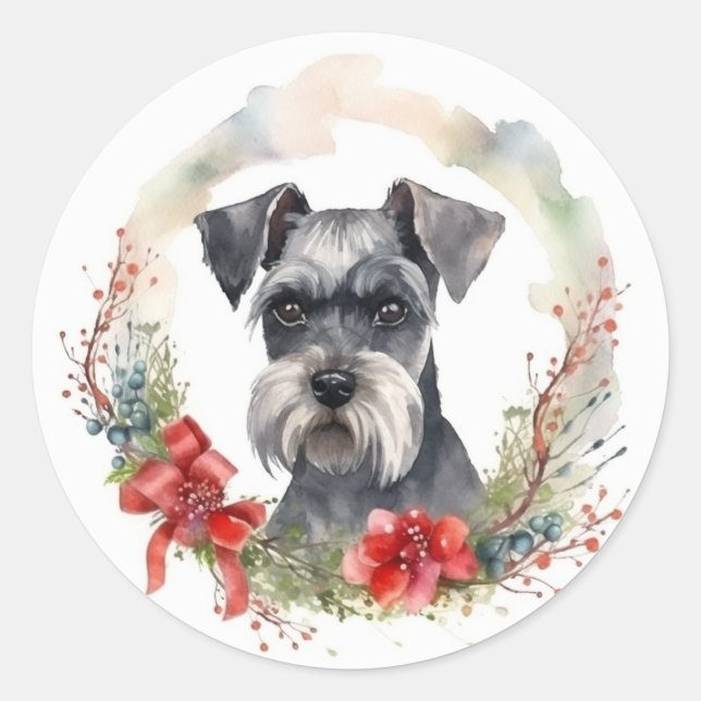 Schnauzer Christmas Wreath Festivals Runder Aufkleber (Vorderseite)