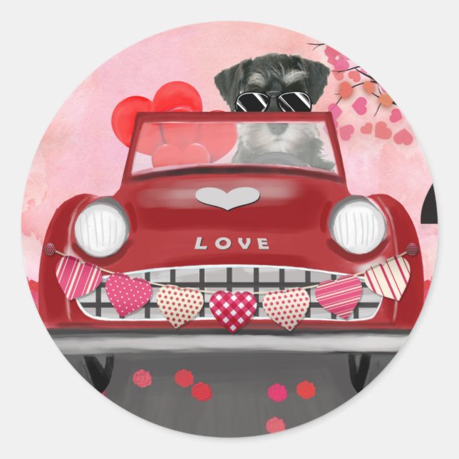 Schnauzer Dog Car mit Herz-Valentine Runder Aufkleber (Vorderseite)