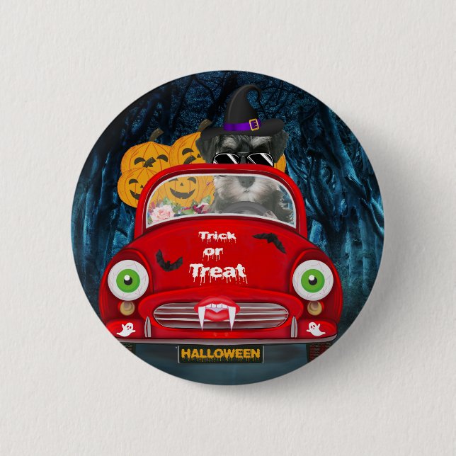 Schnauzer Dog Driving Car Beängstigend Halloween Button (Vorderseite)