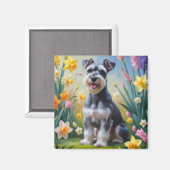 Schnauzer Dog Frühlingsblumen Malerei Magnet (Vorderseite/Rückseite)