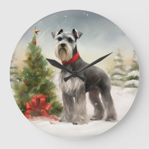 Schnauzer Dog im Schnee Weihnachten Große Wanduhr