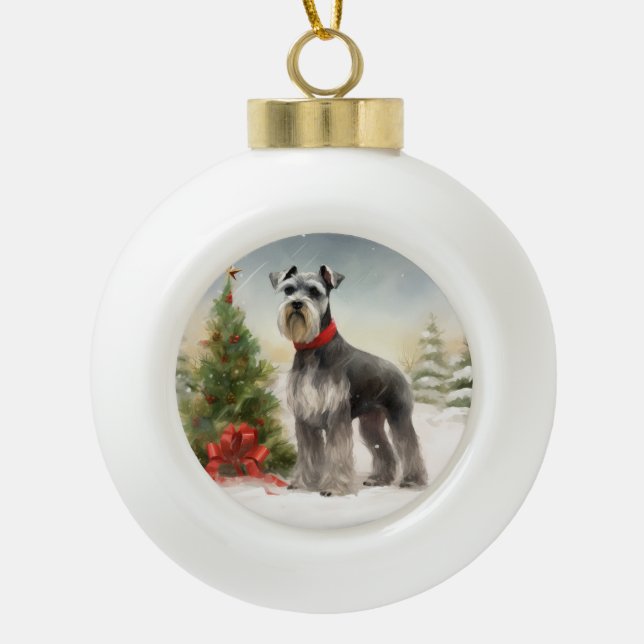 Schnauzer Dog im Schnee Weihnachten Keramik Kugel-Ornament (Vorderseite)