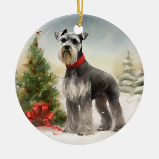 Schnauzer Dog im Schnee Weihnachten Keramik Ornament (Vorne)