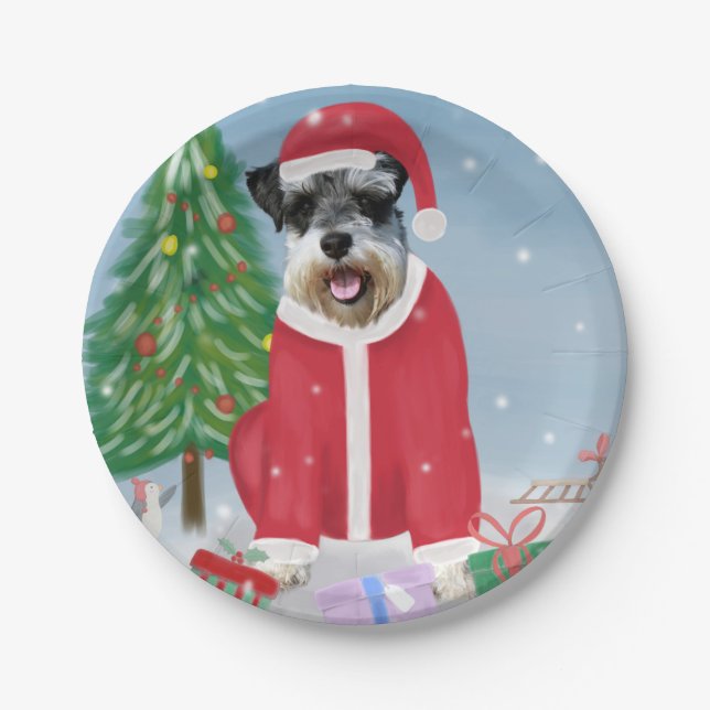 Schnauzer Dog im Schnee Weihnachten Pappteller (Vorderseite)