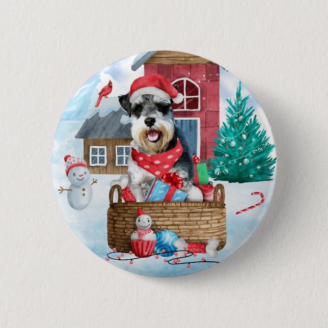 Schnauzer Dog im Schnee Weihnachtshundehaus Button (Vorderseite)