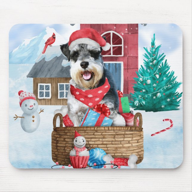 Schnauzer Dog im Schnee Weihnachtshundehaus Mousepad (Vorne)