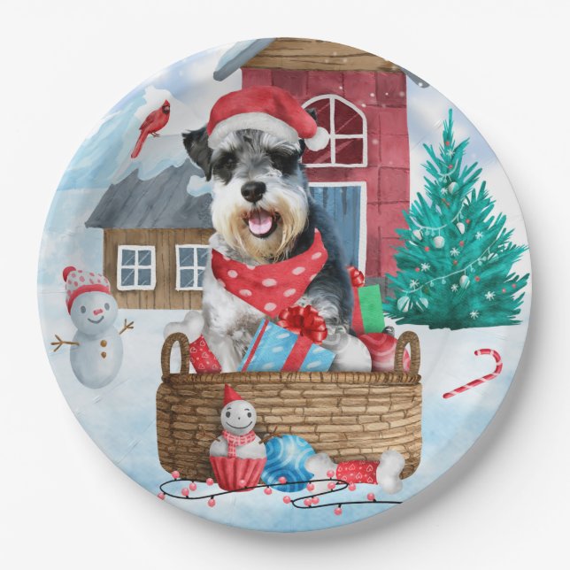 Schnauzer Dog im Schnee Weihnachtshundehaus Pappteller (Vorderseite)