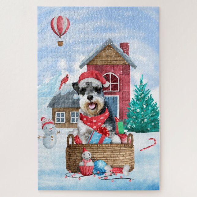Schnauzer Dog im Schnee Weihnachtshundehaus Puzzle (Vertikal)