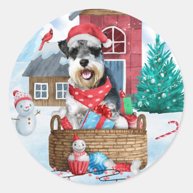 Schnauzer Dog im Schnee Weihnachtshundehaus Runder Aufkleber (Vorderseite)