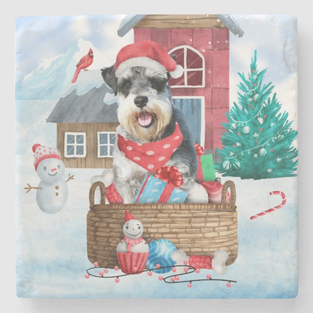 Schnauzer Dog im Schnee Weihnachtshundehaus Steinuntersetzer (Vorderseite)