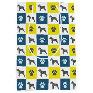 Schnauzer Dog & Paw Print Yellow Grid Silhouette Mittlere Geschenktüte