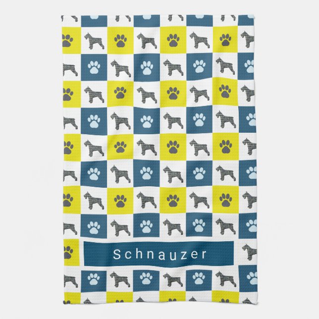 Schnauzer Dog & Paw Yellow & Blue Grid Teetuch Geschirrtuch (Vertikal)