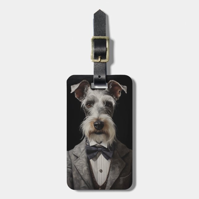 Schnauzer Dog Portrait Grau Anzug Bow Krawatte Gepäckanhänger (Vorderseite vertikal)
