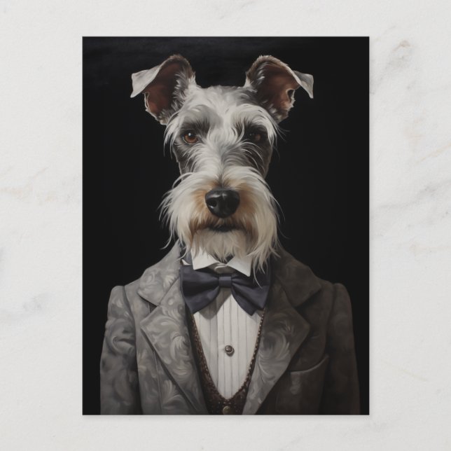 Schnauzer Dog Portrait Grau Anzug Bow Krawatte Postkarte (Vorderseite)