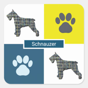 Schnauzer Dog Silhouette & Paw Print Y&B Grid Quadratischer Aufkleber