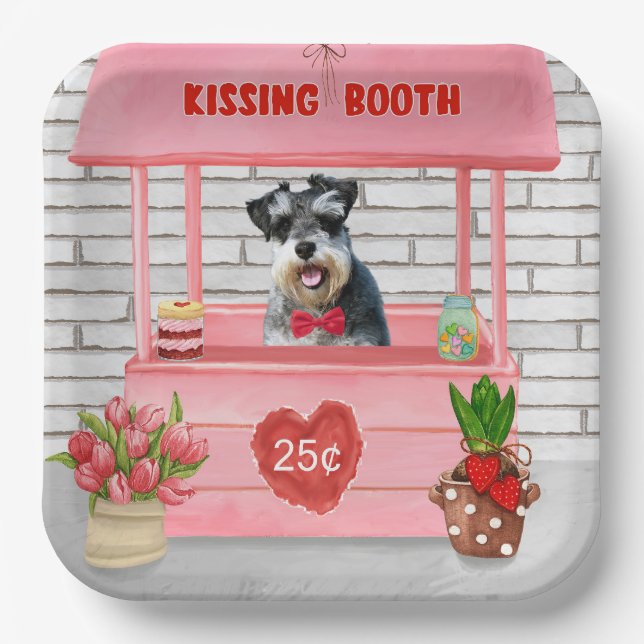 Schnauzer Dog Valentine's Day Kissing Booth Pappteller (Vorderseite)