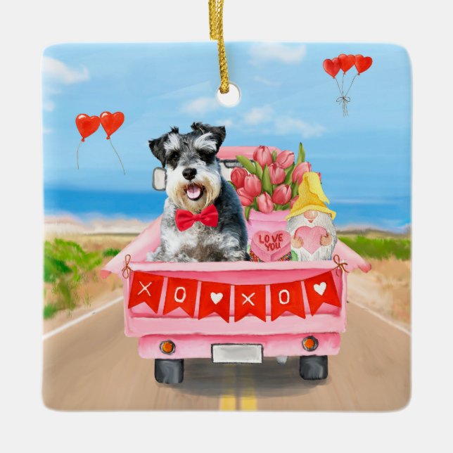 Schnauzer Dog Valentine's Day Lkw Herz Keramikornament (Vorderseite)