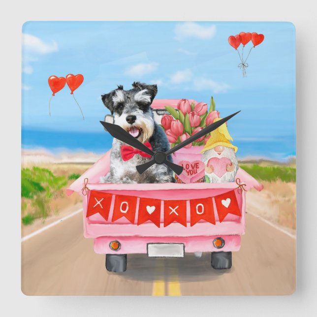 Schnauzer Dog Valentine's Day Lkw Herz Quadratische Wanduhr (Vorderseite)