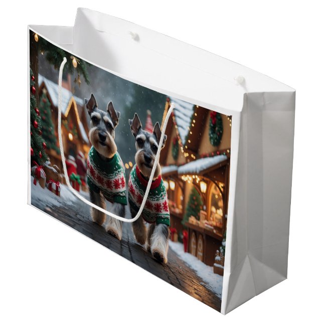 Schnauzer Dogs Christmas Snow Holiday  Große Geschenktüte (Vorderseite Schrägansicht)