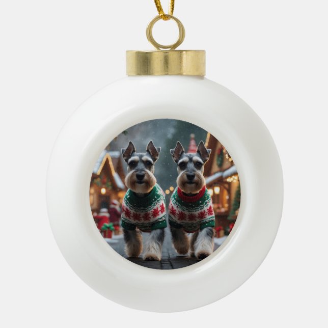 Schnauzer Dogs Christmas Snow Holiday  Keramik Kugel-Ornament (Vorderseite)