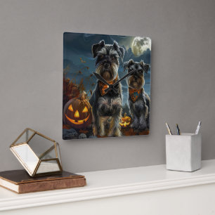 Schnauzer Halloween Spooky Quadratische Wanduhr