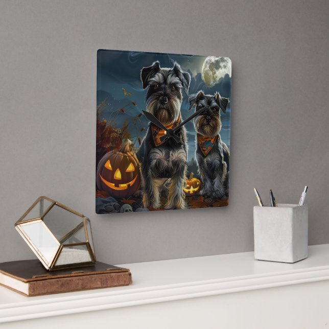 Schnauzer Halloween Spooky Quadratische Wanduhr (Büro)