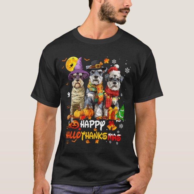 Schnauzer Happy Hallothanksmas Dog Lover Christmas T-Shirt (Vorderseite)