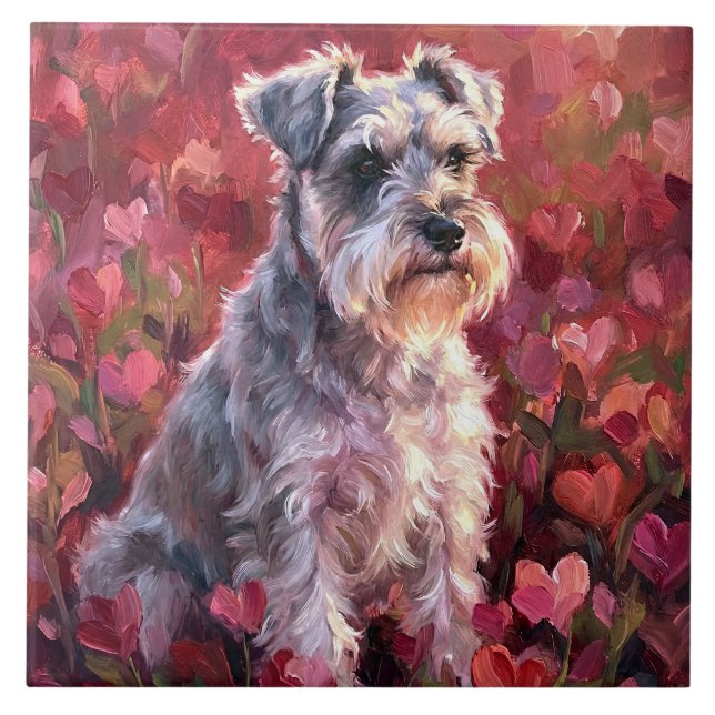 Schnauzer Heart Shaped Wildflowers Fliese (Vorderseite)