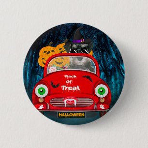 schnauzer Hund fährt Auto Gruselig Halloween Button