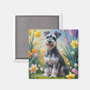 Schnauzer Hund Frühlingsblumen Malerei Magnet