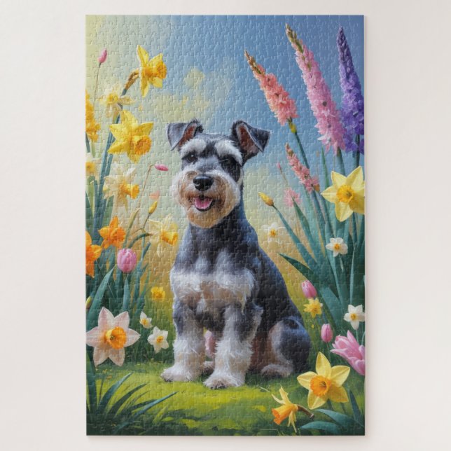 Schnauzer-Hund Frühlingsblumen Malerei  Puzzle (Vertikal)