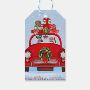 Schnauzer Hund in Auto mit dem Weihnachtsmann Geschenkanhänger