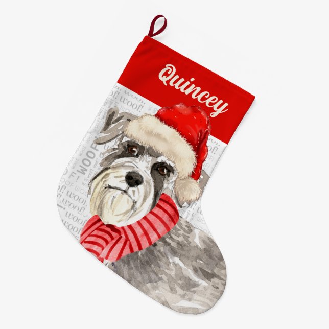 Schnauzer Hund mit Name Woof Hintergrund Großer Weihnachtsstrumpf (Vorderansicht (hängend))