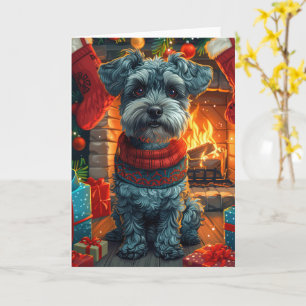 Schnauzer Hund mit Weihnachtsgeschenken Kamin Karte