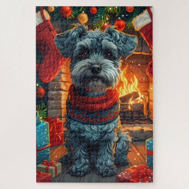 Schnauzer Hund mit Weihnachtsgeschenken Kamin Puzzle (Vertikal)